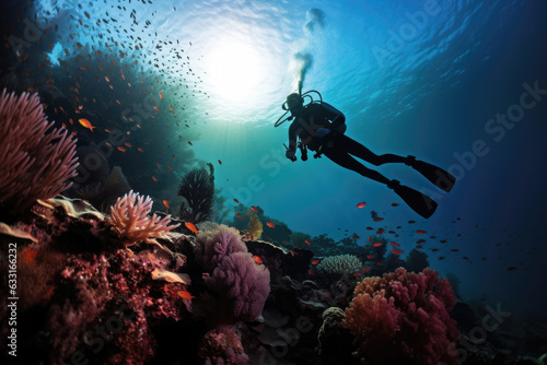 A diver midwater in full scuba gear with the sinking sun in the backdrop and the beauty of a coral reef stretching out before her. photo