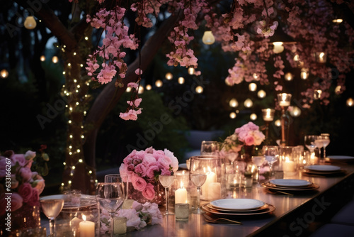 A detailed shot of bouquets of opulent blooms used to jazz up the outdoor dinner and the accompanying ling lights.