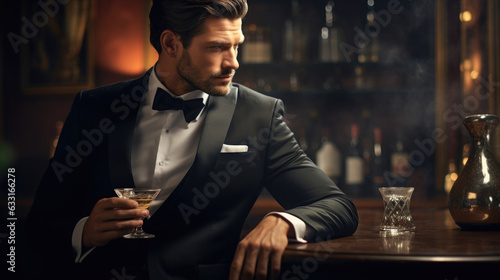 A man wearing a sharp tuxedo with a glass of whiskey in hand looking thoughtful in the corner of the lounge. photo