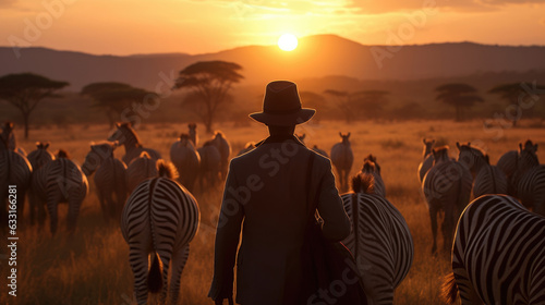 A close up of an experienced tracker pointing out a herd of zebras in the far distance with the savannah sun setting in the background.