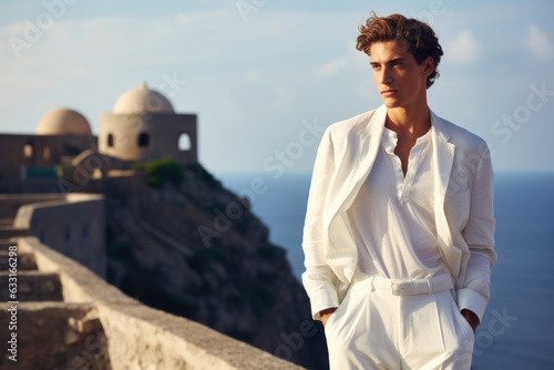 Lavish fashion photoshoot in a coastal villa featuring a male model in an allwhite linen ensemble standing atop a cliff with a wideopen photo