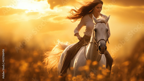 An action shot of a woman on a white horse riding through a golden field with a sunset behind her creating a dramatic background.