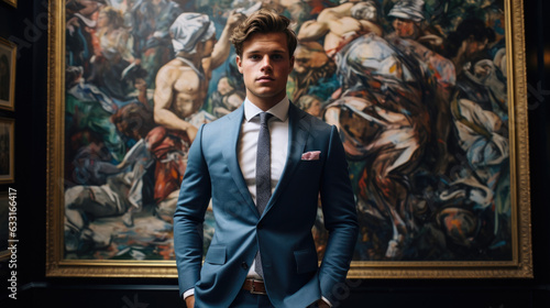 A man in a suit posing in front of a painting in the gallery.