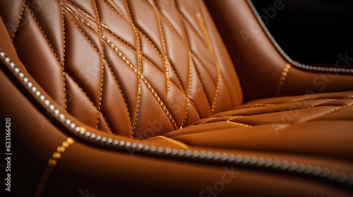 Closeup of a luxurious leather interior seat with golden accents focused on the intricate stitching of the leather.
