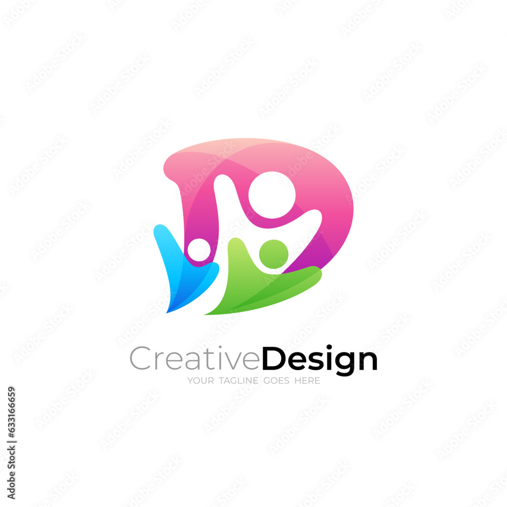 Letter D logo with family design community, social icons