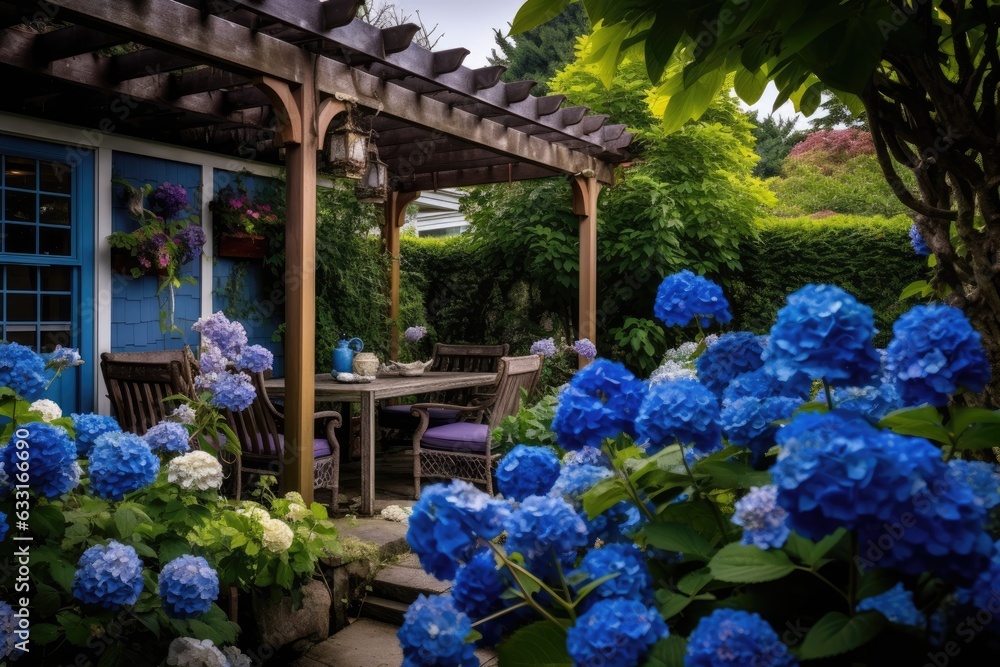 The backyard in the northwest region of the USA is adorned with a beautifully arranged pergola that has been tastefully decorated. The pergola is embellished with various pots filled with vibrant blue