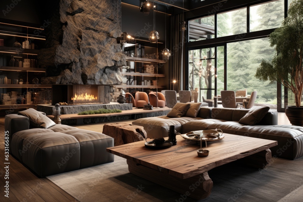 An opulent, spacious, and contemporary living room with earthy toned couches, blending modern and rustic elements together.