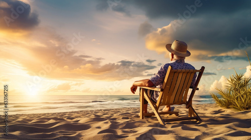 man sitting on the beach, retirement holiday