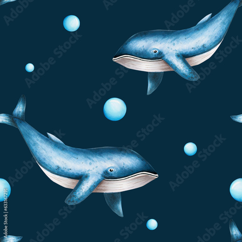 Watercolor seamless pattern with blue whales isolated on white background. Hand painting realistic Arctic and Antarctic ocean mammals. For designers, decoration, postcards, wrapping pa © Natalia