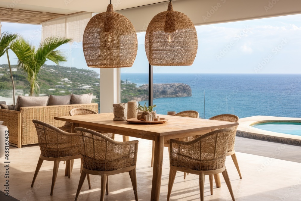 Fototapeta premium Rattan pendant lights hang above the dining table, offering a charming touch to the space and complementing the stunning ocean view.