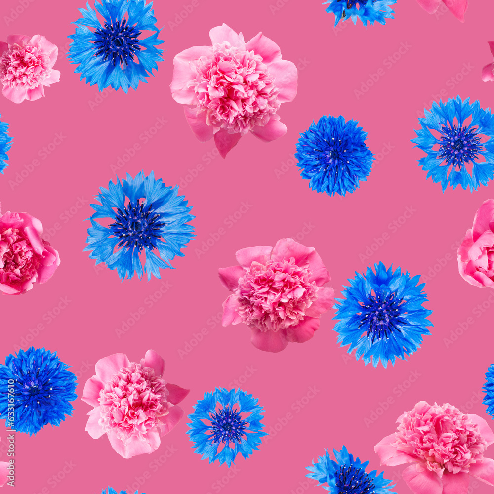 Seamless pattern of pink peony and blue cornflower flowers on crimson background