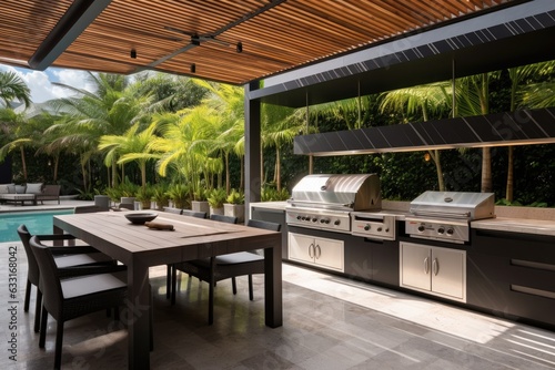 Modern outdoor kitchen and luxurious amenities such as a grill, stove, and extractor hood are accompanied by a wooden ceiling with a fan, as well as wooden tables and benches. The kitchen also © 2rogan