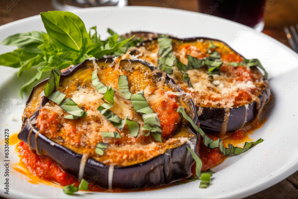 Eggplant Parmesan, a decadent Italian cuisine, served on a white plate with fresh herbs and cracked black pepper for garnish. Eggplant Parmesan, a decadent Italian cuisine, served on a white plate with fresh herbs and cracked black pepper for garnish.