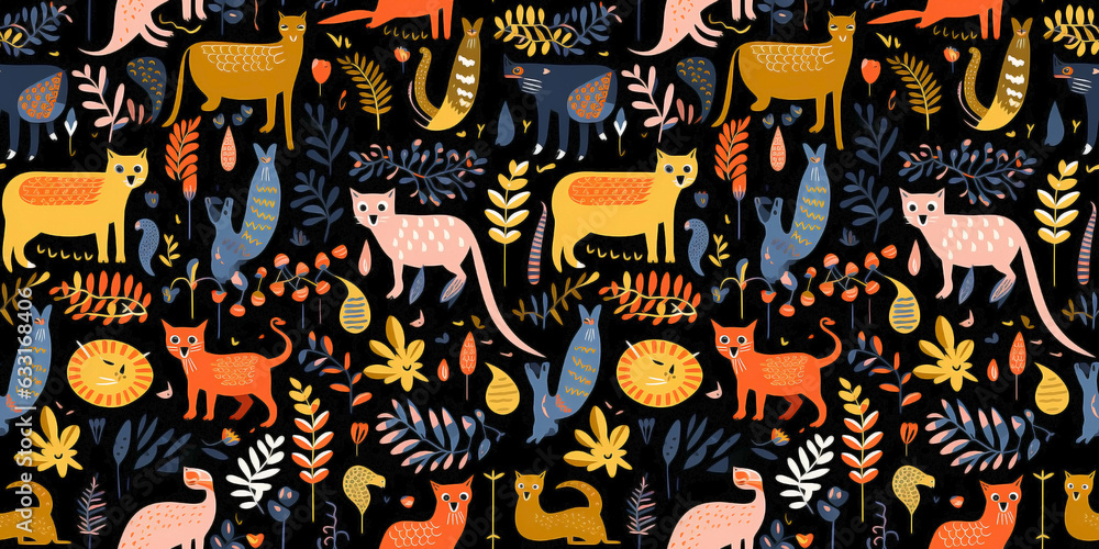 Animals and leaves seamless pattern. Infinite tile concept repeating texture background. Animals and leaves seamless pattern. Infinite tile concept repeating texture background.
