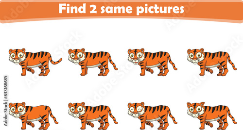 Funny cartoon tigers. Find two same pictures. Educational game for children. Cartoon vector illustration