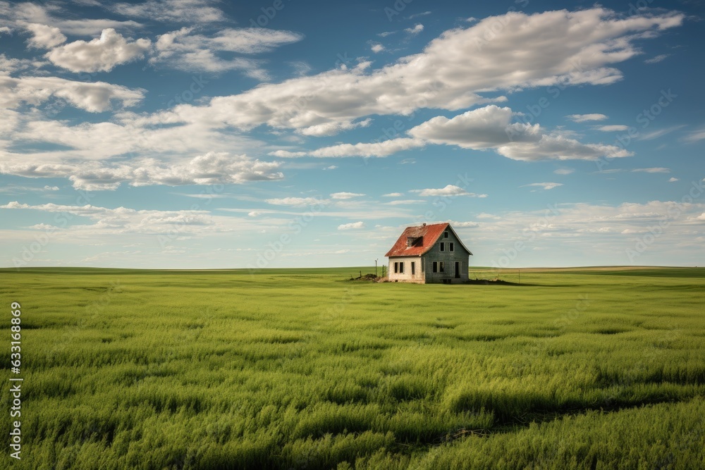 An empty residence and barn left behind, surrounded by a field of alfalfa, set against the vast prairies of Saskatchewan. An empty residence and barn left behind, surrounded by a field of alfalfa, set against the vast prairies of Saskatchewan.