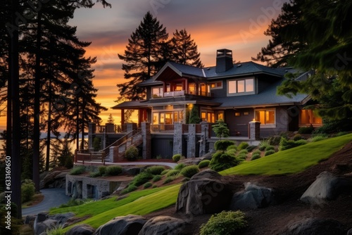 Stunningly attractive appearance of a Modern craftsman style residence during the sunset in the Northwest region of the United States. © 2rogan