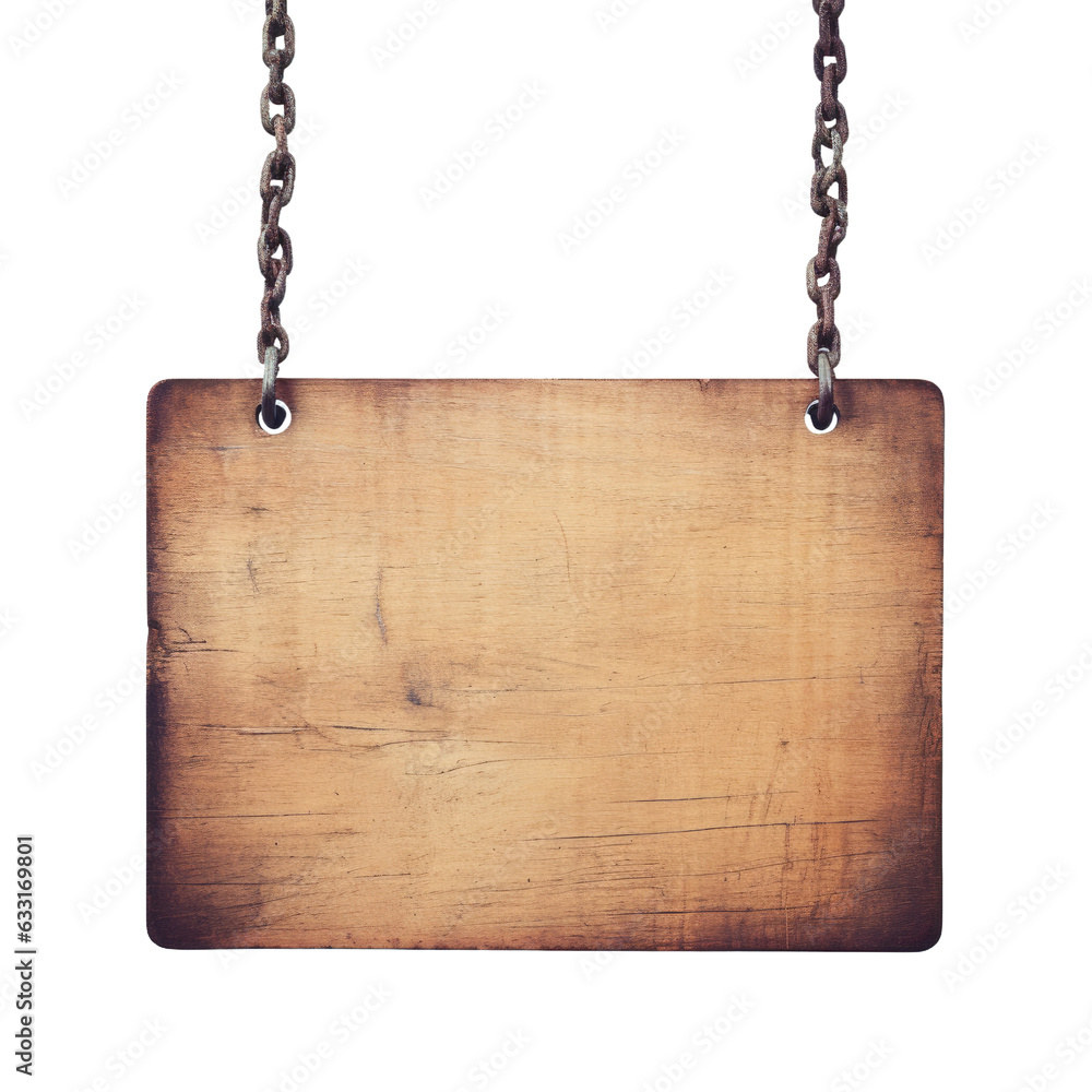 Sign made of wood suspended by a chain