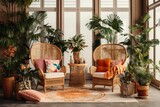 The living room interior is designed with a fashionable and flowery arrangement, featuring a rattan armchair, numerous tropical plants in decorative pots, stylish ornaments, macrame elements, and