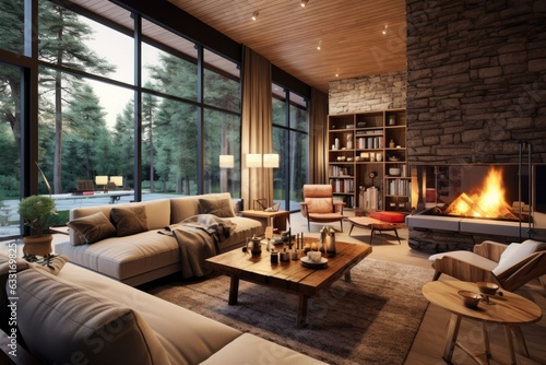 The interior of a stylish rural residence is characterized by a comfortable and inviting atmosphere, featuring an open layout, wooden elements, cozy color schemes, and a welcoming fireplace. The