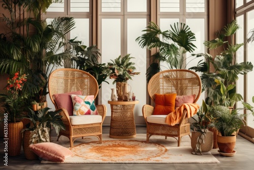 The living room interior is designed with a fashionable and flowery arrangement, featuring a rattan armchair, numerous tropical plants in decorative pots, stylish ornaments, macrame elements, and
