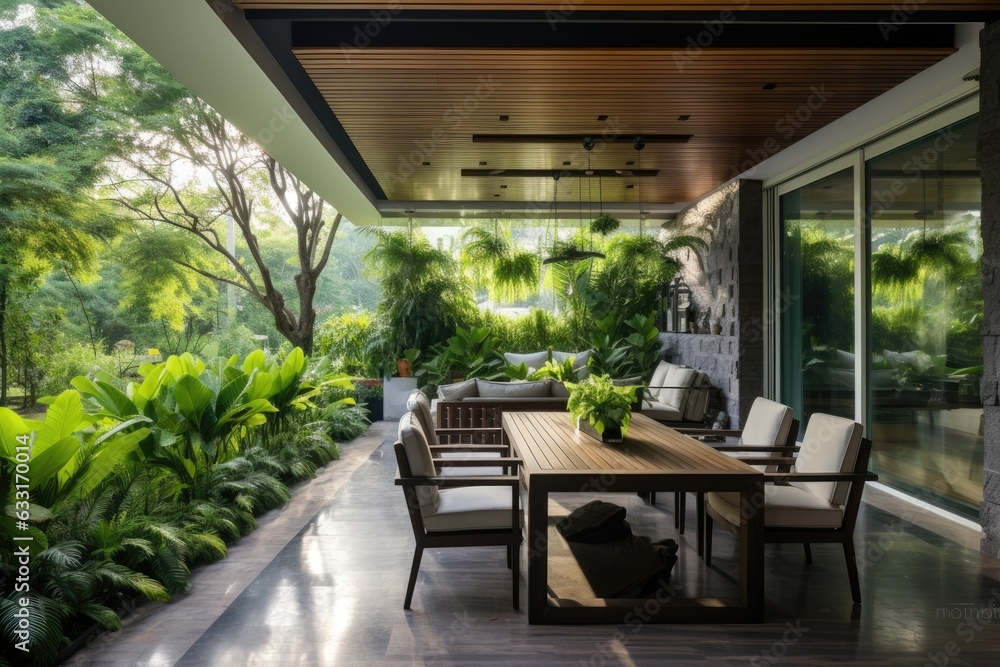 The terrace design is characterized by its pleasing and visually appealing elements, including a courtyard garden, bushes, a curtain wall, a matching set of chairs and a table, a glass panel roofing