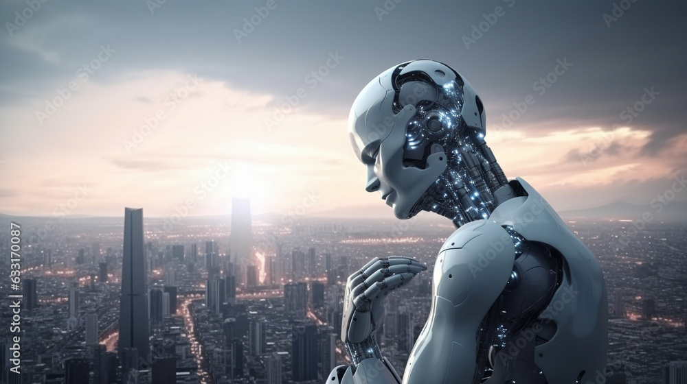 Artificial intelligence, robot thinking about world, looking at the city. Futuristic concept.