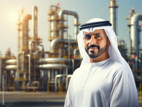 Accomplished Muslim Arab entrepreneur beside an oil pump, with an oil refinery plant in the backdrop. Accomplished Saudi, Emirati, Arab entrepreneur.