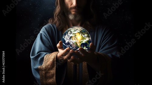 Jesus Christ holds the globe in his hands. Christianity, the divine creation of the Earth photo