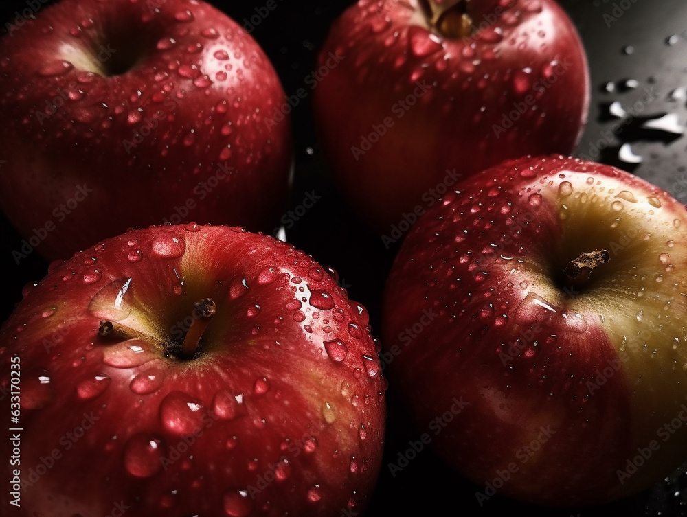 Close up of a few apples on a table with water droplets glistening in the light, looking ripe and ready to eat. View from above. Capturing the perfect shot of freshness for your project. Close up of a few apples on a table with water droplets glistening in the light, looking ripe and ready to eat. View from above. Capturing the perfect shot of freshness for your project.