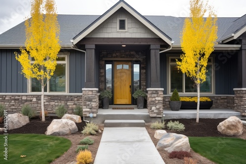 A house in Utah has a bright yellow front door adorned with a wreath and flanked by a sidelight. The exterior of the home features gray wood vinyl and stone veneer sidings, creating an appealing look