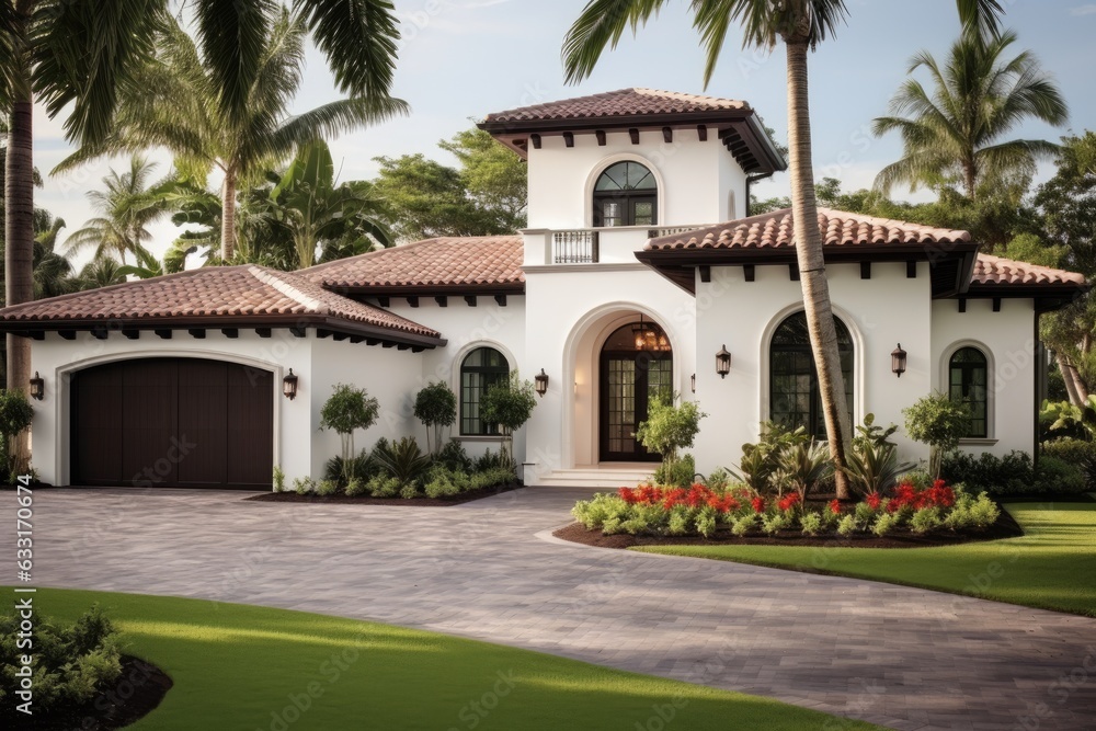 The exterior of a sophisticated dwelling features grey walls adorned with white accents. The house is crowned with a beautiful red tiled roof. The front yard showcases an abundance of lush tropical