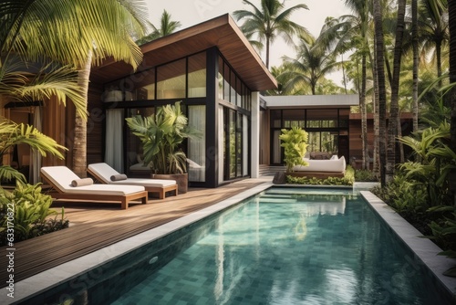 A tropical pool villa with a lush garden and bedroom is showcased in the design of the home or house, both on the outside and inside. © 2rogan
