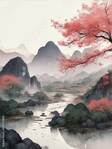 ilustración vertical de un paisaje natural asiático