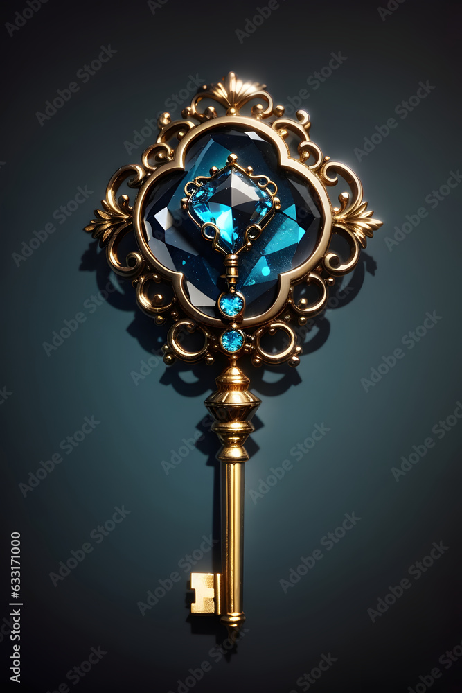 Old golden key with blue gemstone isolated. Ornamented ancient luxury key with jewel on dark background. Old golden key with blue gemstone isolated. Ornamented ancient luxury key with jewel on dark background.