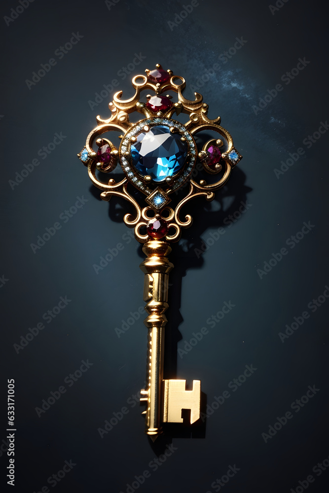 Old golden key with blue gemstone isolated. Ornamented ancient luxury key with jewel on dark background. Old golden key with blue gemstone isolated. Ornamented ancient luxury key with jewel on dark background.