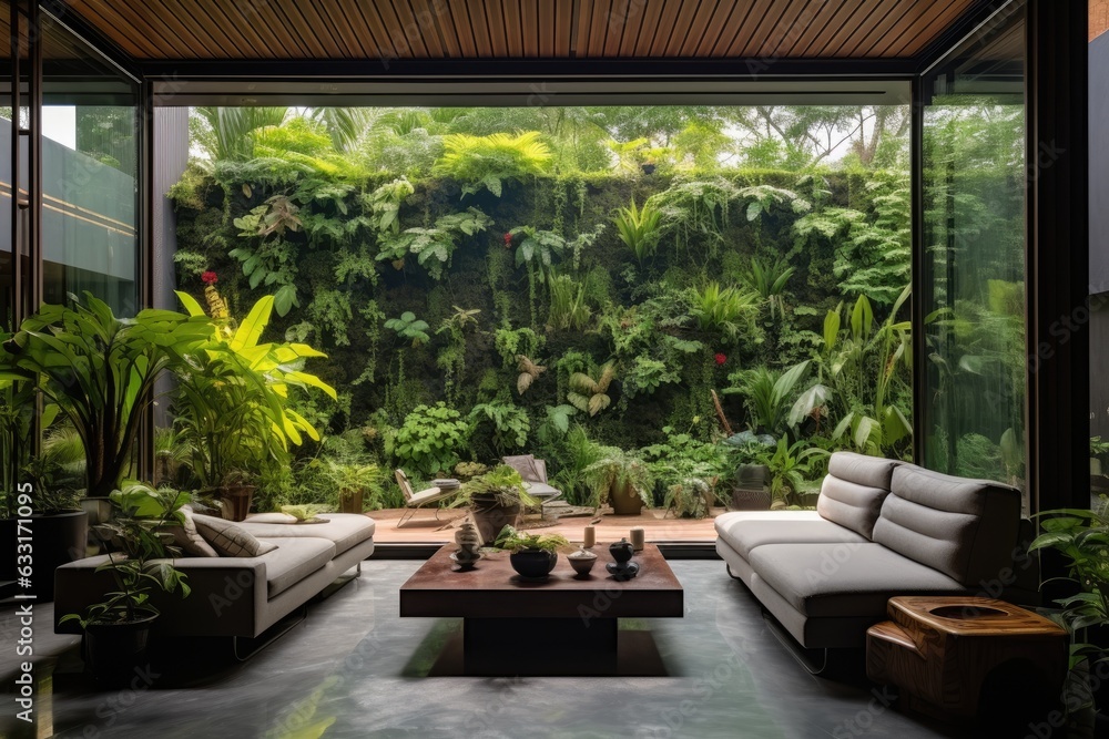 Fototapeta premium The home garden interior is elegantly designed, adorned with numerous breathtaking plants such as cacti, succulents, and air plants, which are placed in various attractively designed pots. The
