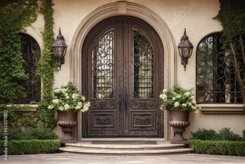 The elegant wooden door of a luxurious residence is intricately decorated with an iron window featuring bars, an imposing iron door knocker, and sturdy iron bolts. This opulent door is seamlessly