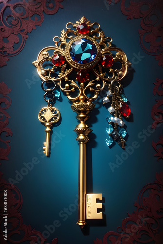 Old golden key with red and blue gemstone isolated. Ornamented ancient luxury key with jewel.