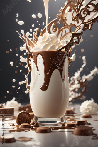 Cup of chocolate with milk splash on a dark background, dark background. Milk and chocolate explosion