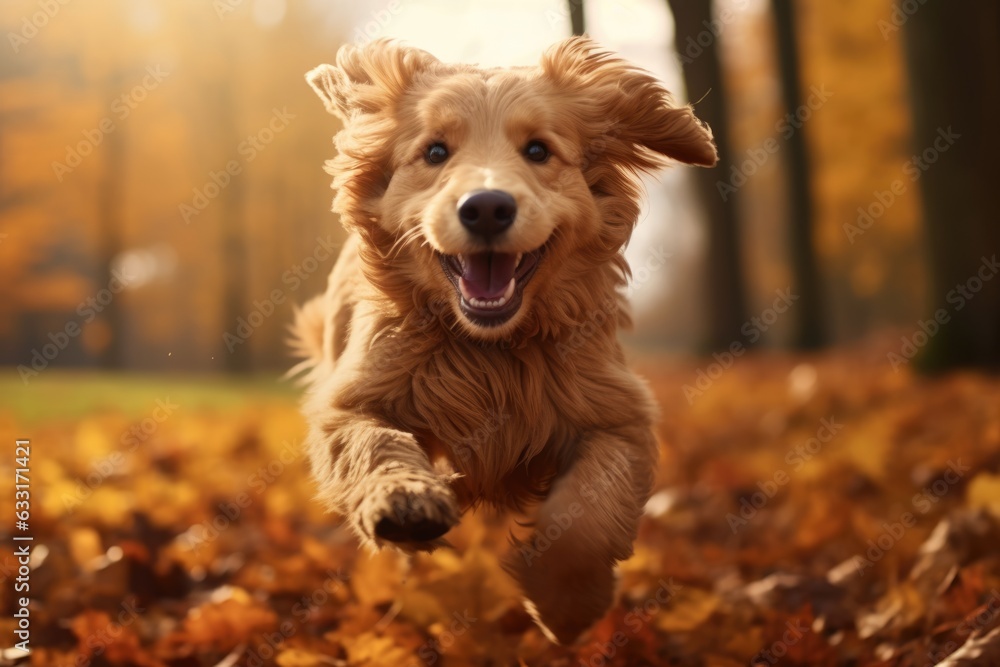 Cute dog runs through the autumn leaves in the forest Cute dog runs through the autumn leaves in the forest