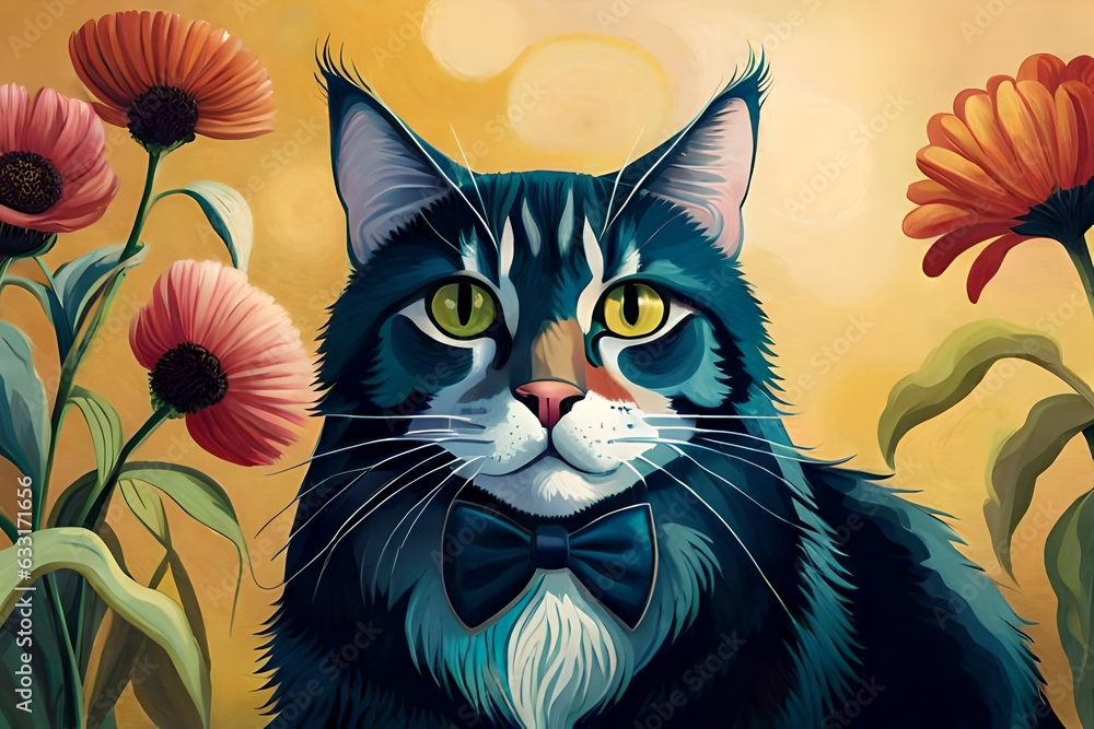 An oil painting-style rendering of a cat in a vintage manner with floral embellishments.