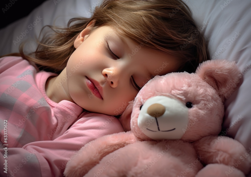 little girl sleeping in bed hugging a teddy bear little girl sleeping in bed hugging a teddy bear