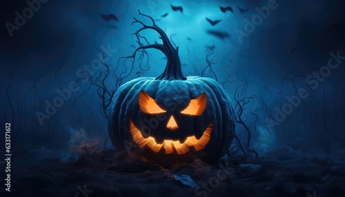 burning pumpkin In Forest At Night - Halloween Background