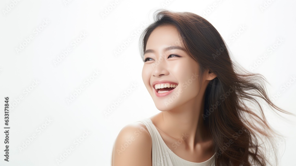 A closeup photo portrait of a beautiful young asian model woman laughing and smiling with clean teeth. used for a dental ad. isolated on white background, A closeup photo portrait of a beautiful young asian model woman laughing and smiling with clean teeth. used for a dental ad. isolated on white background,