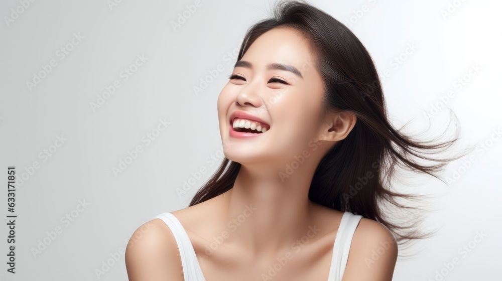 A closeup photo portrait of a beautiful young asian model woman laughing and smiling with clean teeth. used for a dental ad. isolated on white background,