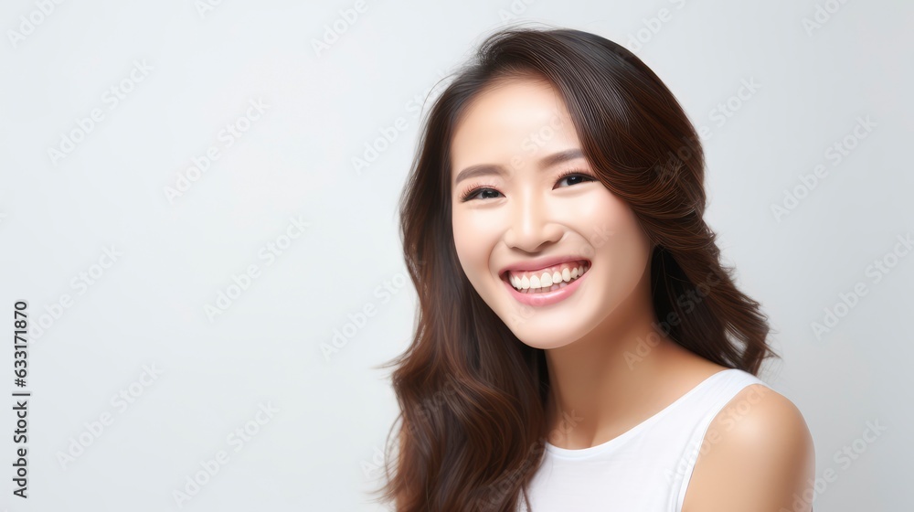 A closeup photo portrait of a beautiful young asian model woman laughing and smiling with clean teeth. used for a dental ad. isolated on white background, A closeup photo portrait of a beautiful young asian model woman laughing and smiling with clean teeth. used for a dental ad. isolated on white background,