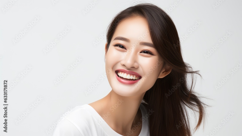 A closeup photo portrait of a beautiful young asian model woman laughing and smiling with clean teeth. used for a dental ad. isolated on white background, A closeup photo portrait of a beautiful young asian model woman laughing and smiling with clean teeth. used for a dental ad. isolated on white background,