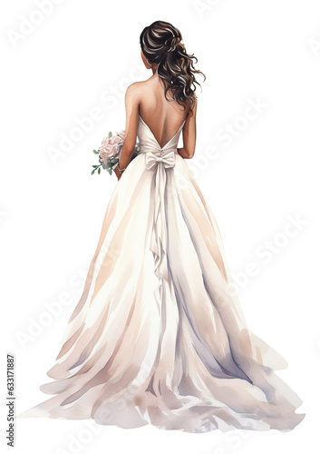 Brides in white dresses back view isolated.