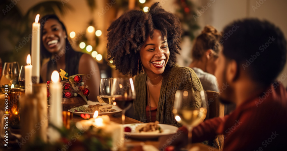 Group of young people having fun drinking red wine on  bbq dinner party. Happy multiracial friends eating food at restaurant. Food and drink life style concept, digital ai
